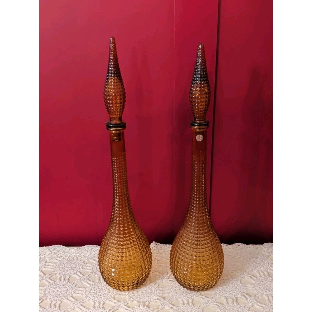 2 Vintage MCM Empoli Amber Diamond Point Glass Genie Bottle Decanter 22" Italy